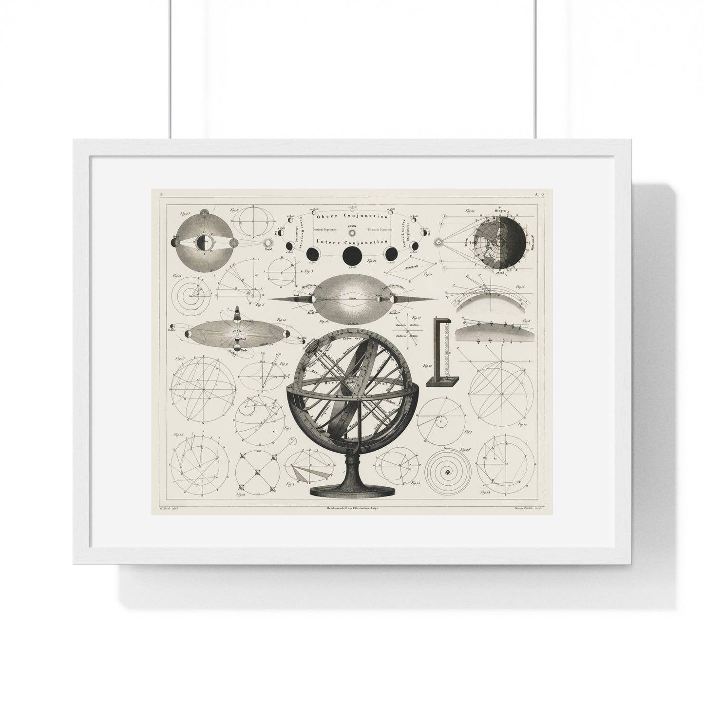 Bolder-Atlas by Brockhaus (1849) an Antique Drawing of Vintage Astrological Spheres and Charts, Framed Print from the Original