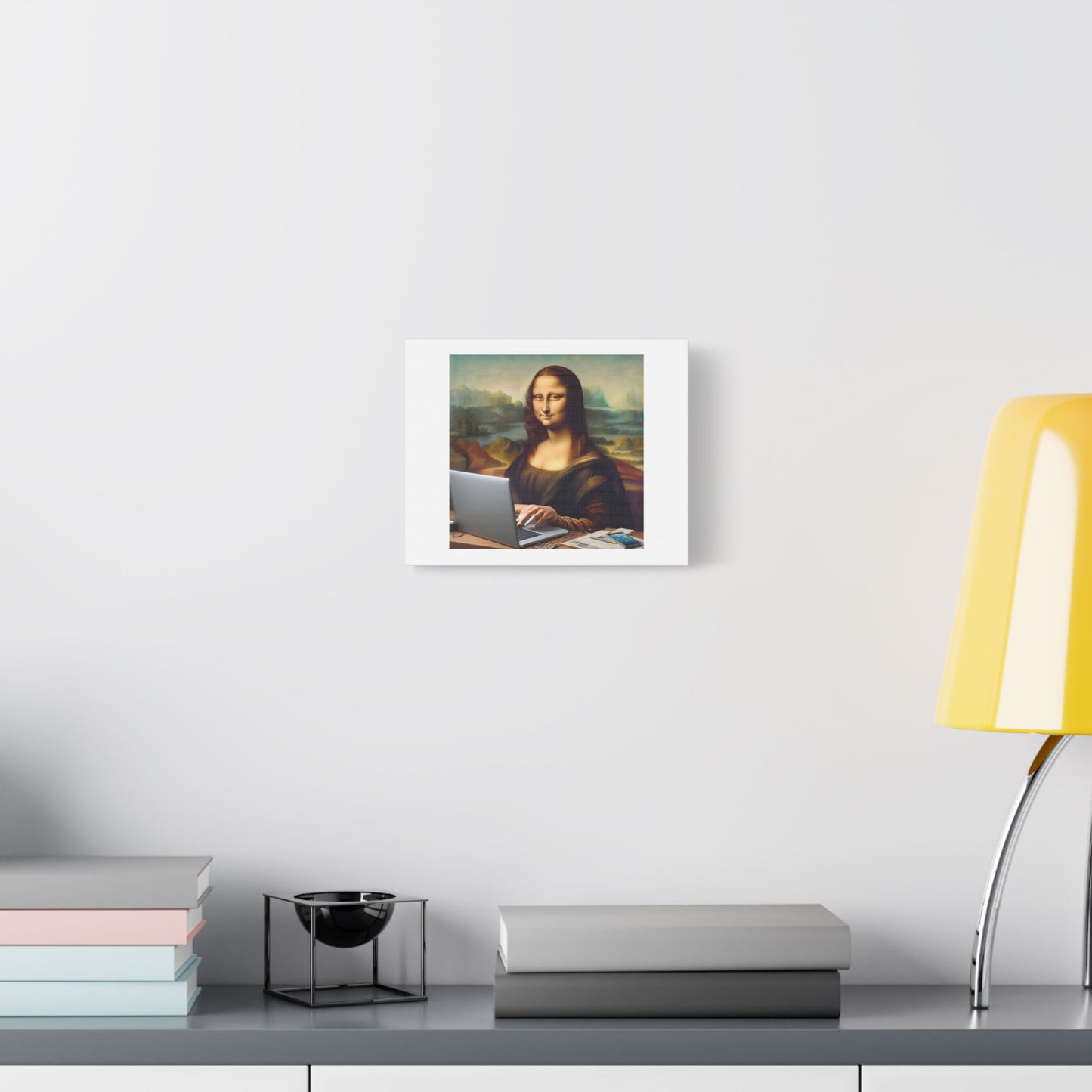 Photorealistic Painting of Mona Lisa Working on a Laptop, Computer Art Print 'Designed by AI' on Satin Canvas