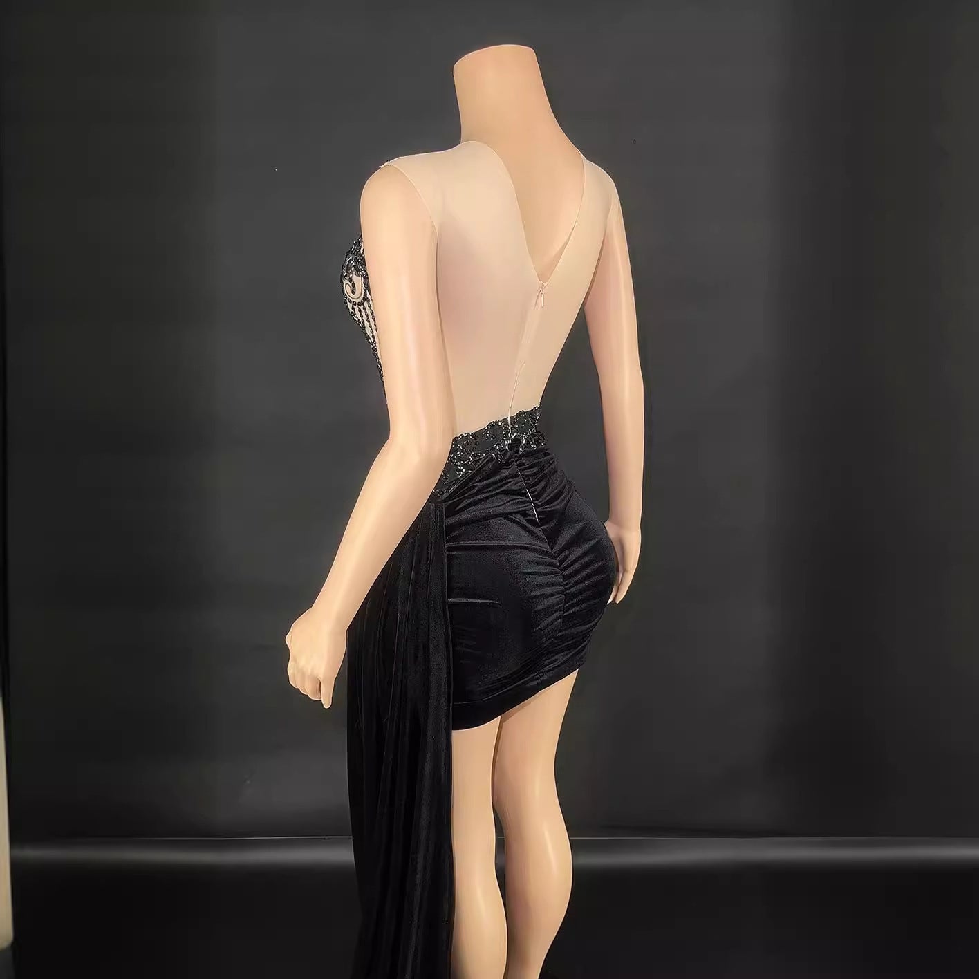 Short Glam Evening Dress, Women's Stage Costume, Side Trailing Skirt