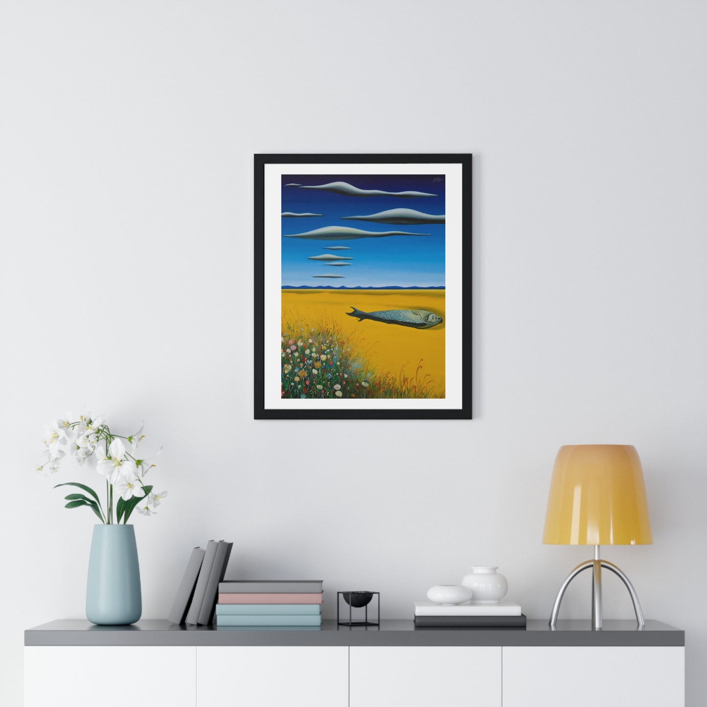 Yellow Meadow with Flowers, Surrealist Art 'Designed by AI' Framed Print