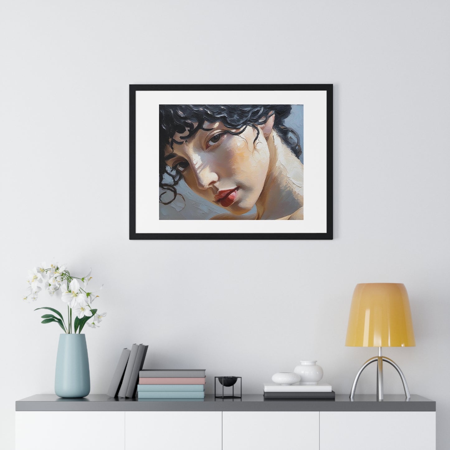 Female Portrait, Vibrant Multi-Coloured Palette Knife Painting 'Designed by AI' Framed Art Print