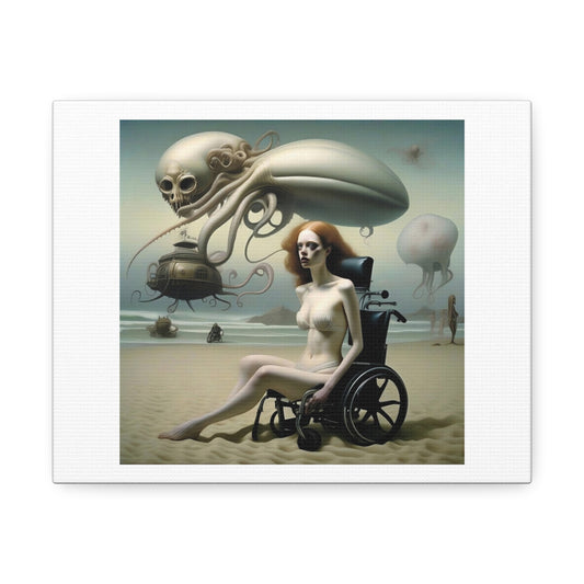 Woman on the Beach with Aliens, Dystopian Art Print 'Designed by AI' on Canvas