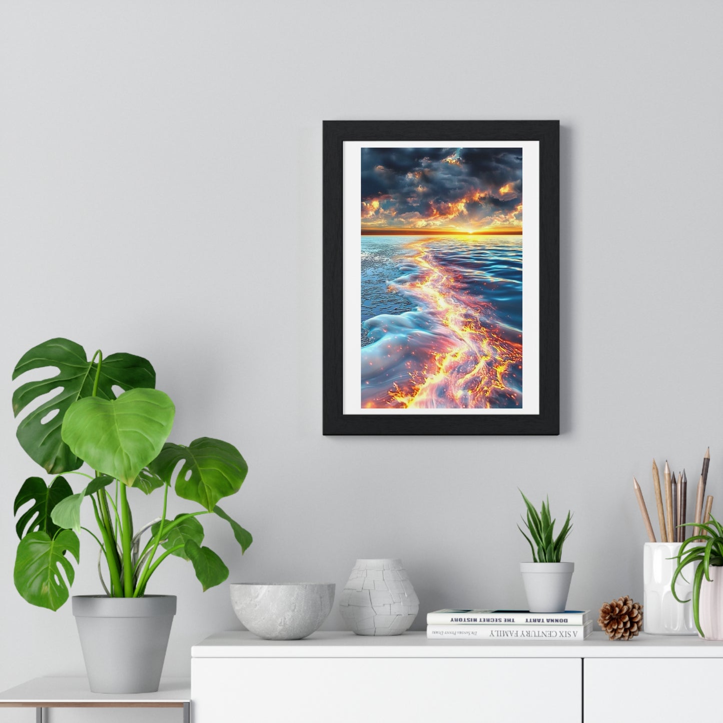 Streaming Fire on the Water, Abstract Art 'Designed by AI' Framed Print