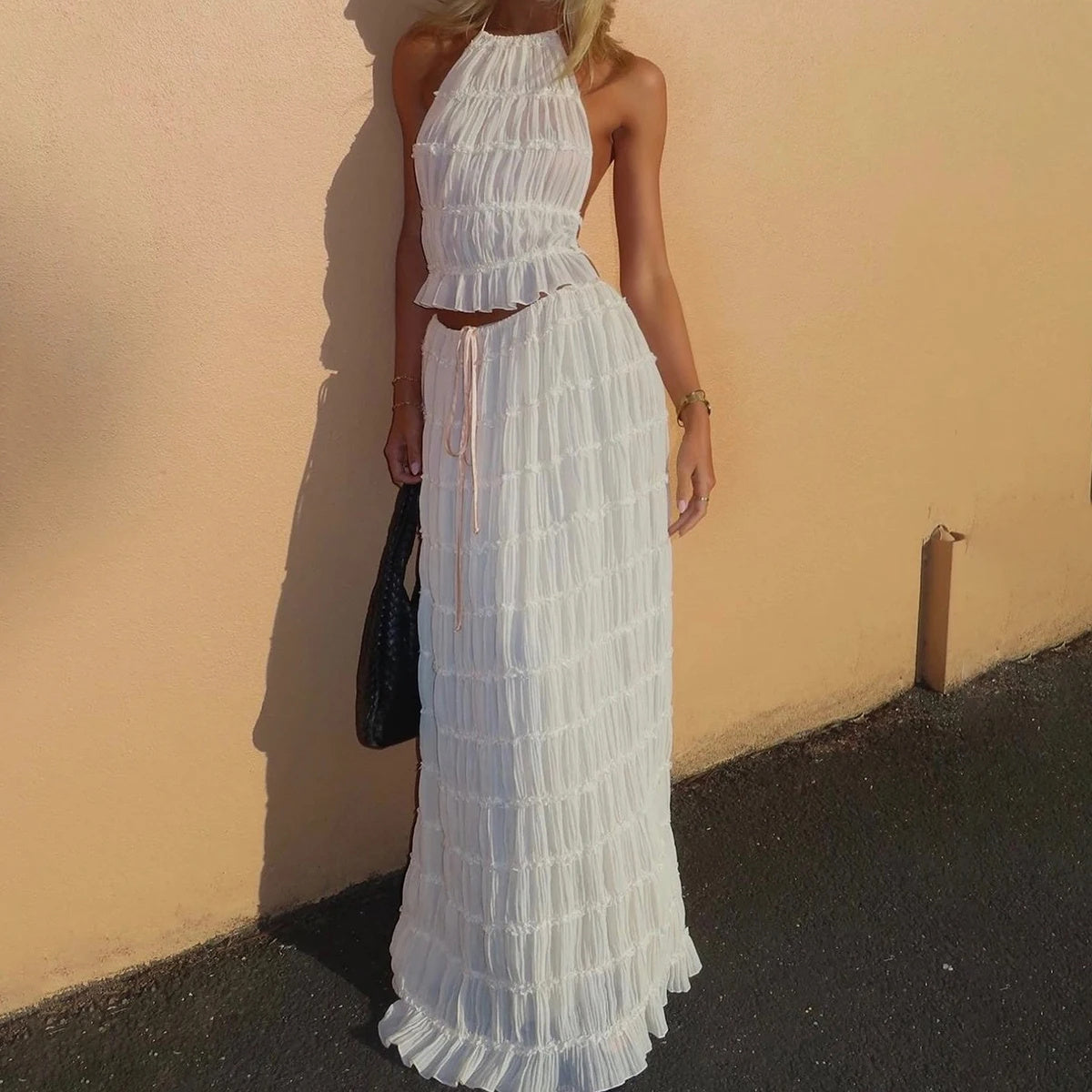 Vireous Two-Piece Ruffled Women's Summer Halter Dress