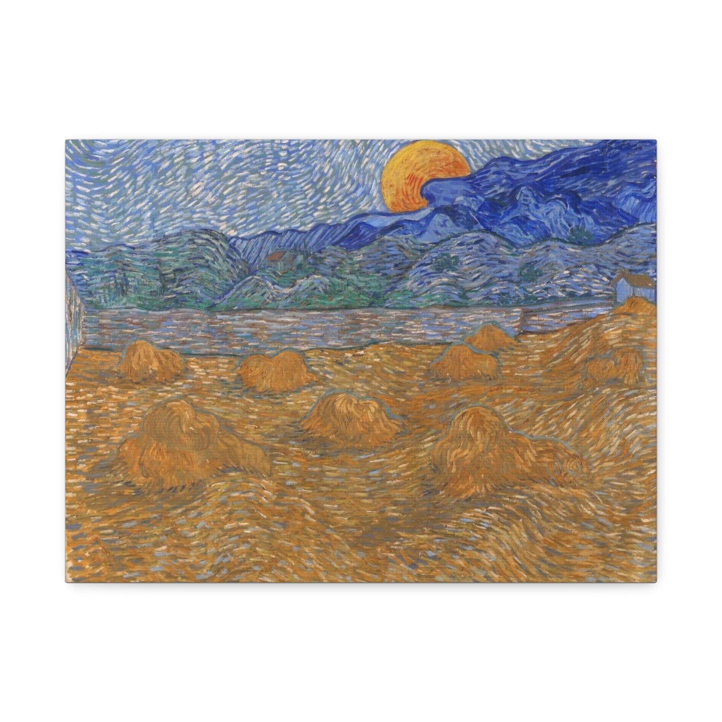 Landscape with Wheat Sheaves and Rising Moon (1889) by Vincent van Gogh from the Original, Art Print on Satin Canvas