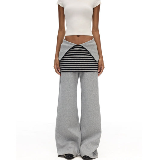 Women's Adjustable Waist, Grey Wide-Leg Striped Skirt Profile Long Casual Pants