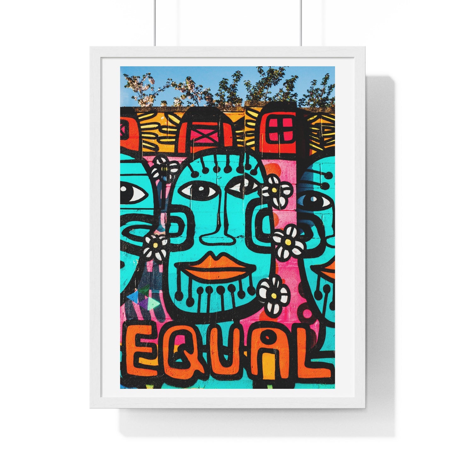 Brightly Coloured Urban Graffiti Mural Artwork, Tribal Faces (2017) Location Unknown, Framed Art Print