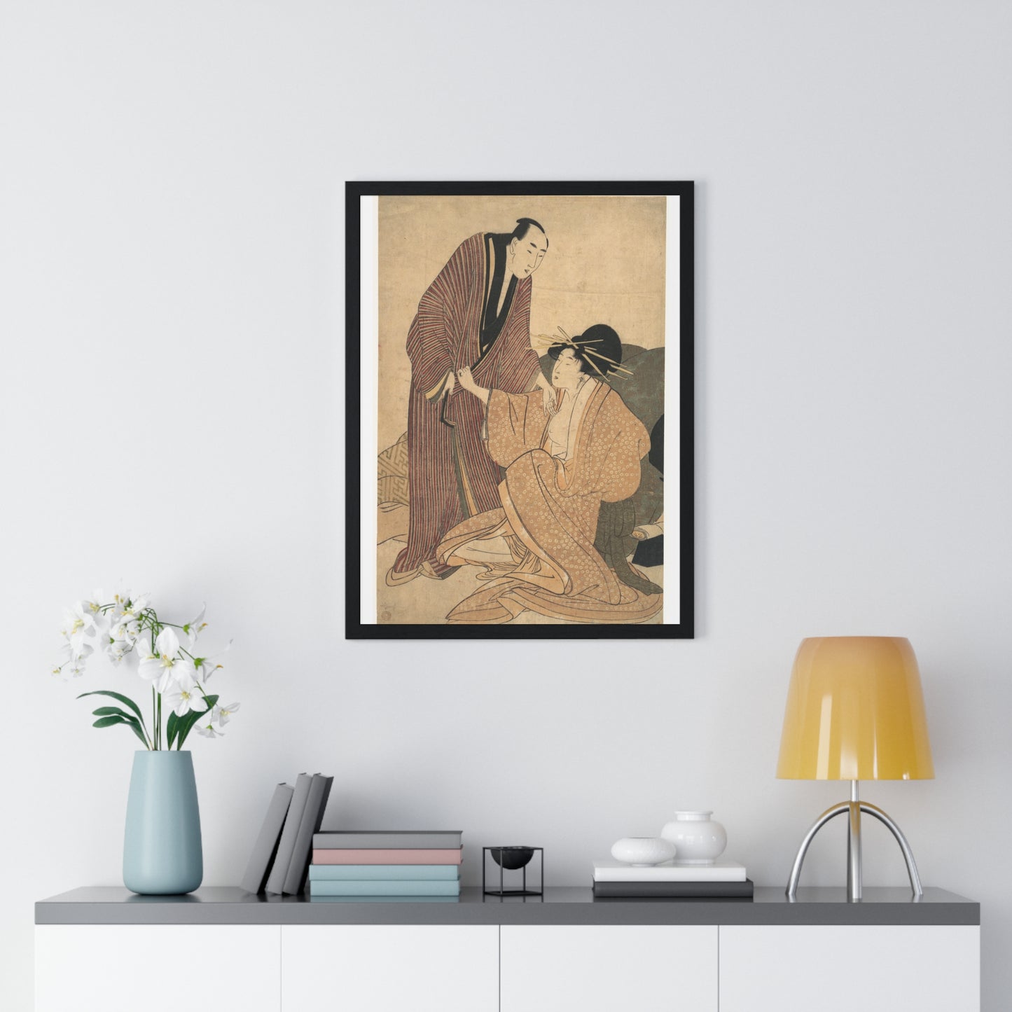 Japanese Vintage Art: Parting of Lovers, the Courtesan and her Lover (circa 1800) by Utamaro Kitagawa, Framed Art Print