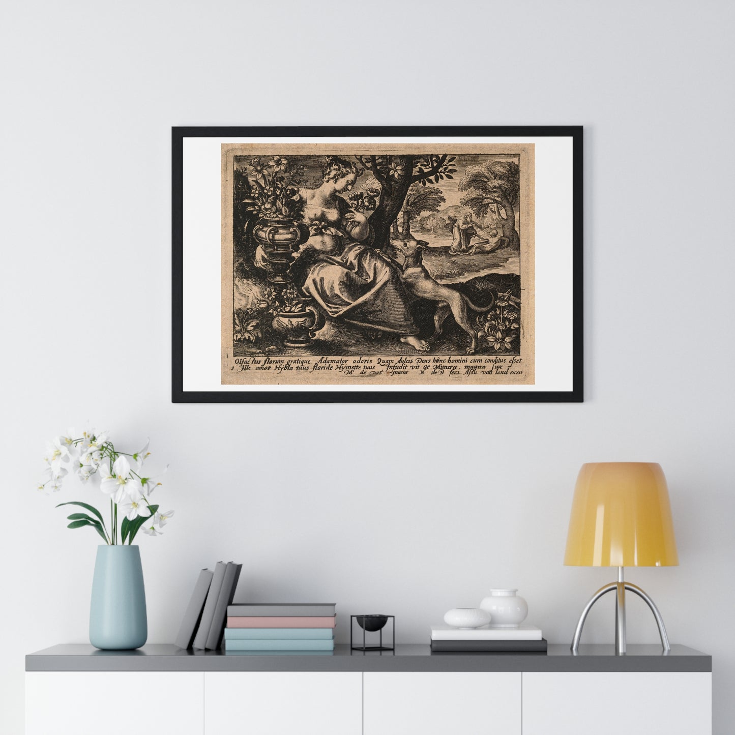 Woman in a Garden with Flowers, God Blows Spirit into Adam's Body, Reproduction Flemish Engraving, Framed Art Print