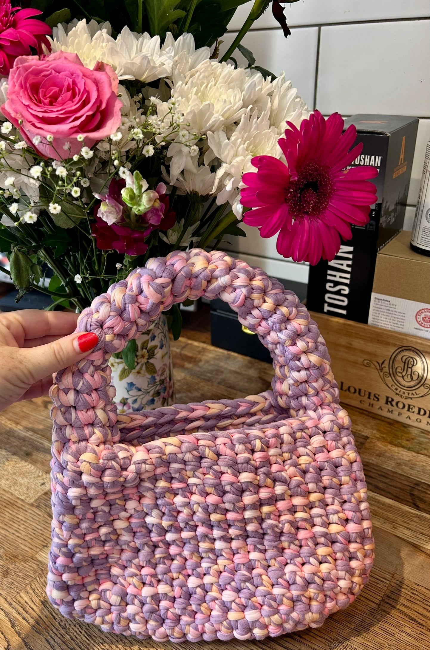 Chunky Handle Pink Crochet Loaf Handbag