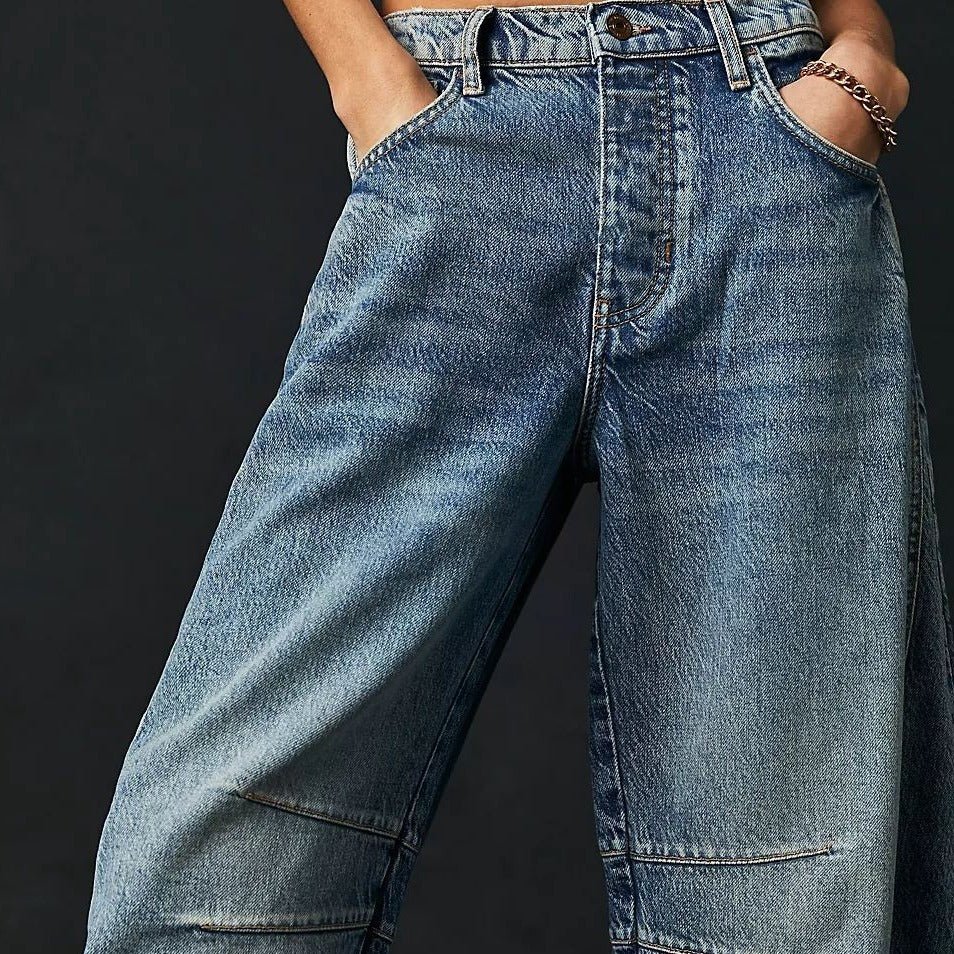 High-Stretch Mid-Rise Barrel Jeans, Fashion Wide Leg Women's Jeans