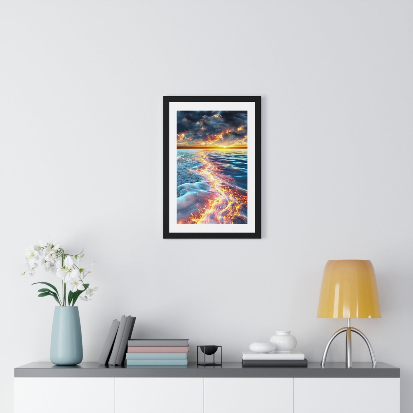 Streaming Fire on the Water, Abstract Art 'Designed by AI' Framed Print