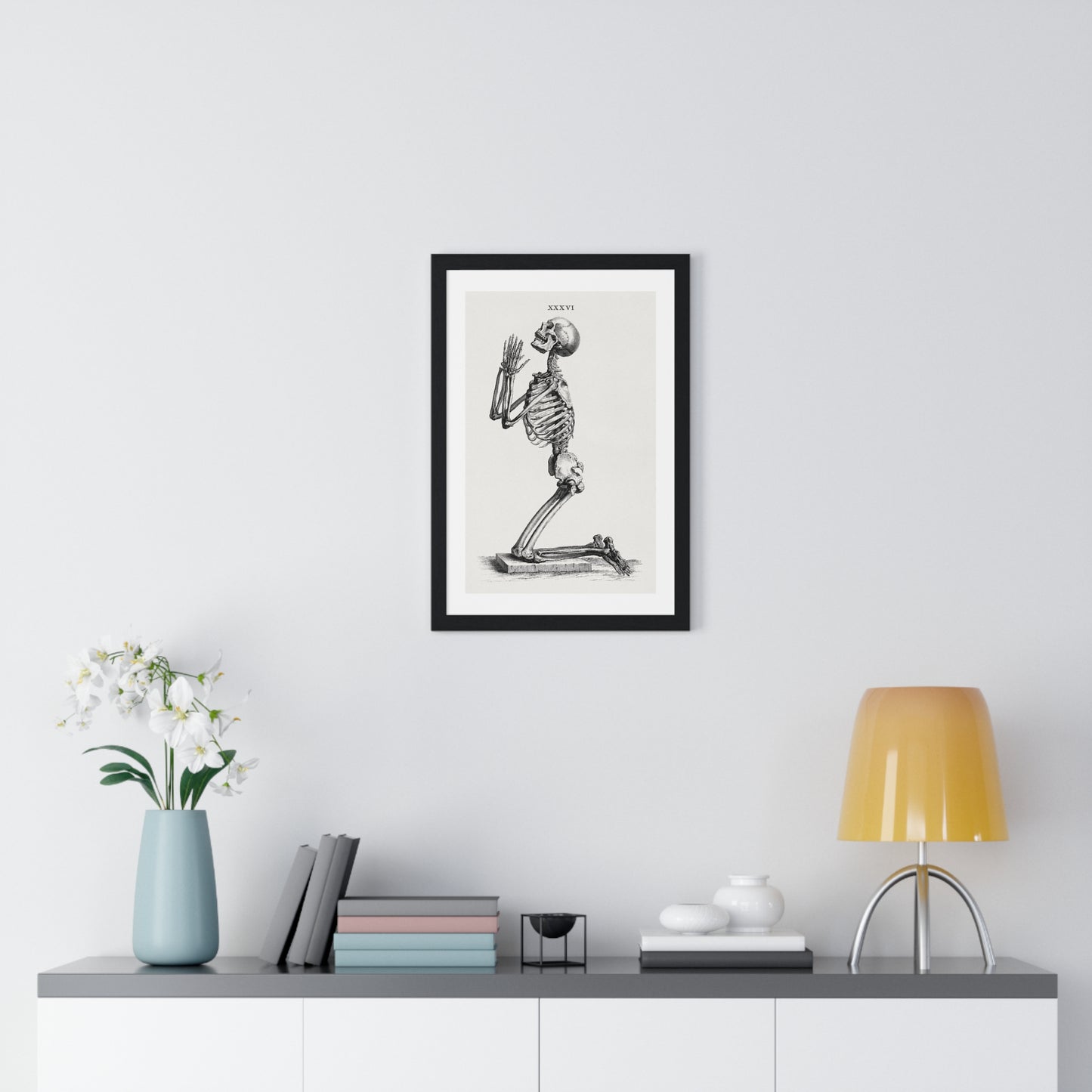 Human Skeleton Kneeling in Prayer (1733) Vintage Illustration by William Cheselden, from the Original, Framed Art Print