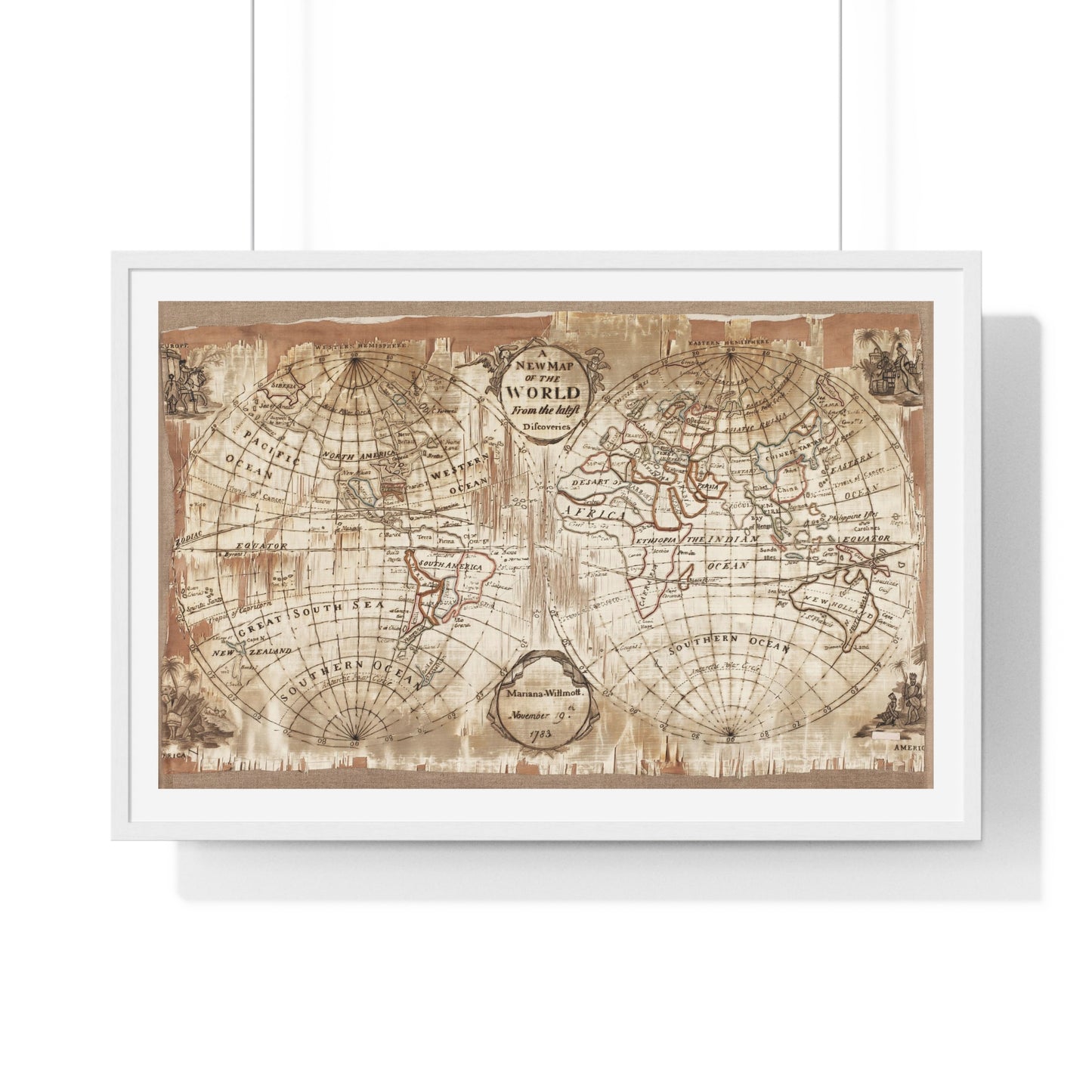 Embroidered World Map Sampler (1783) by Mariana Willmott, from the Original, Framed Art Print