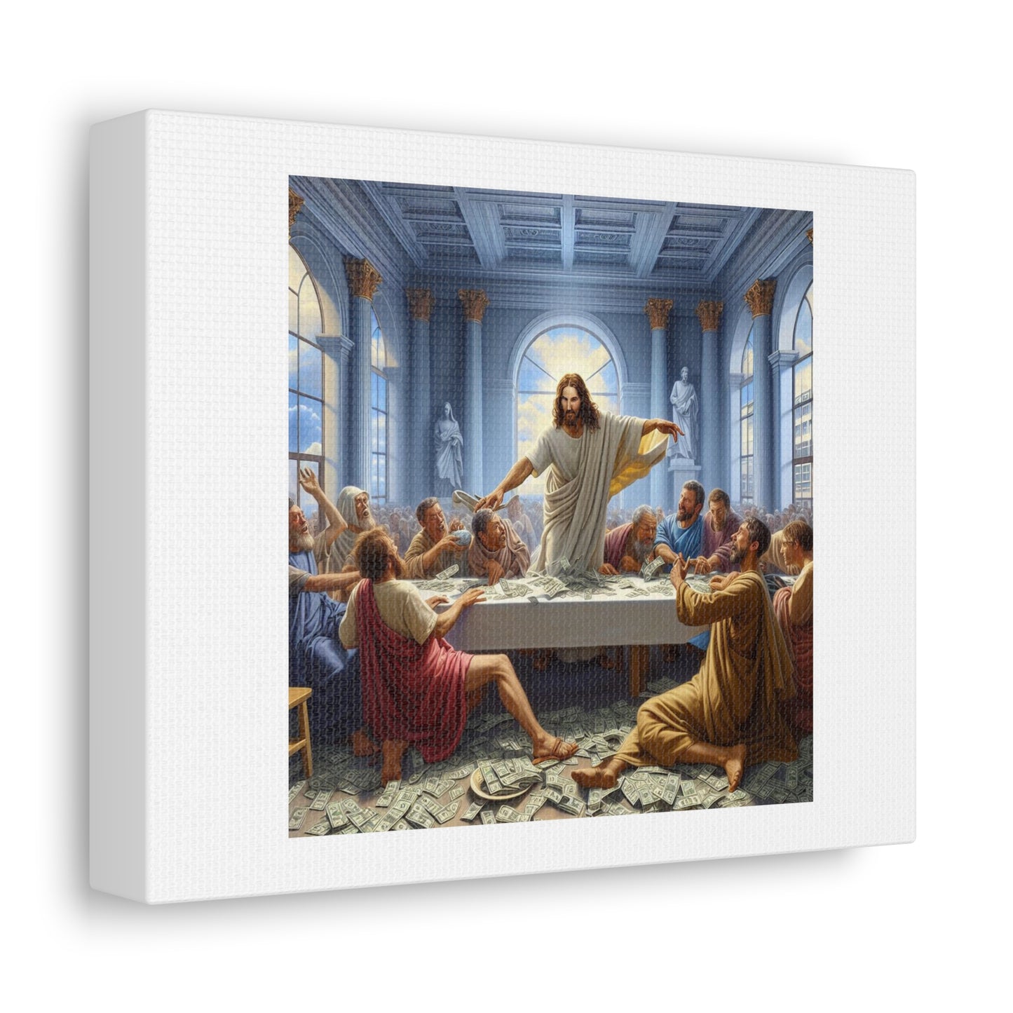 Jesus Overthrowing the Tables of the Money Changers in a Modern Bank, Art Print 'Designed by AI' on Canvas