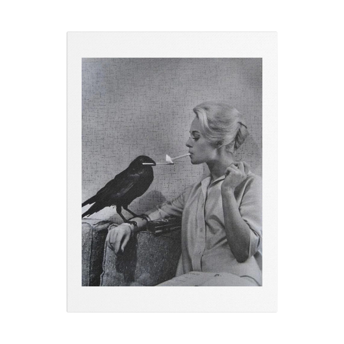 The Woman and the Raven, Retro Art Print on Satin Canvas, Stretched