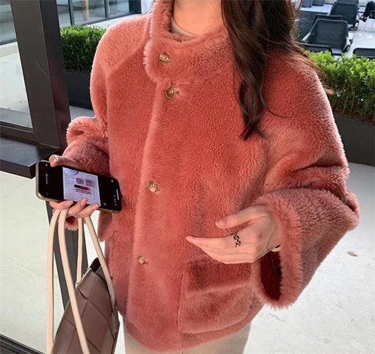 Women's Loose Faux Fur Coat, Lambswool High Collar Jacket