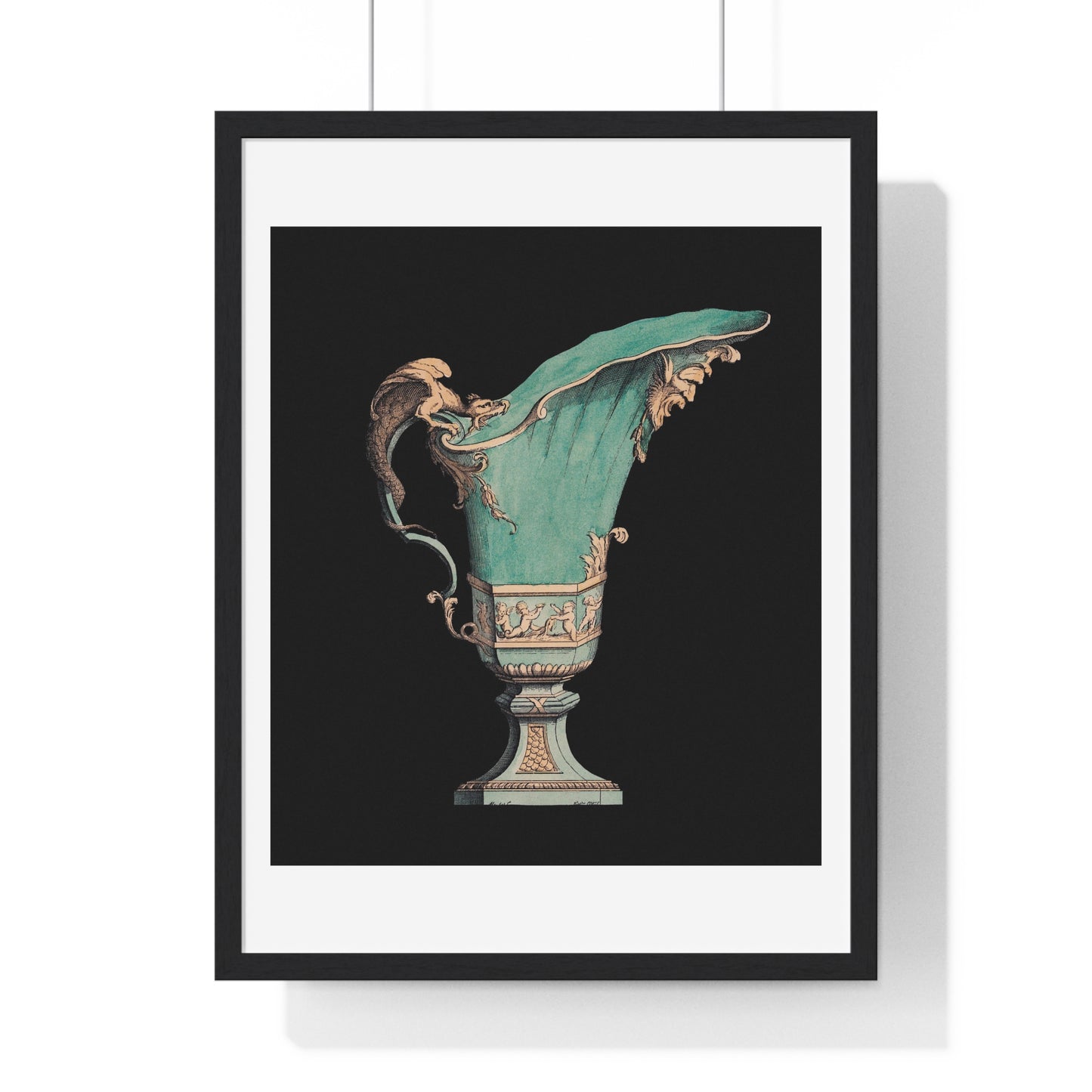 Lithograph of an Antique Green Vase (1866) a Beautiful Vase with Fantastical Decoration, from the Original, Framed Print