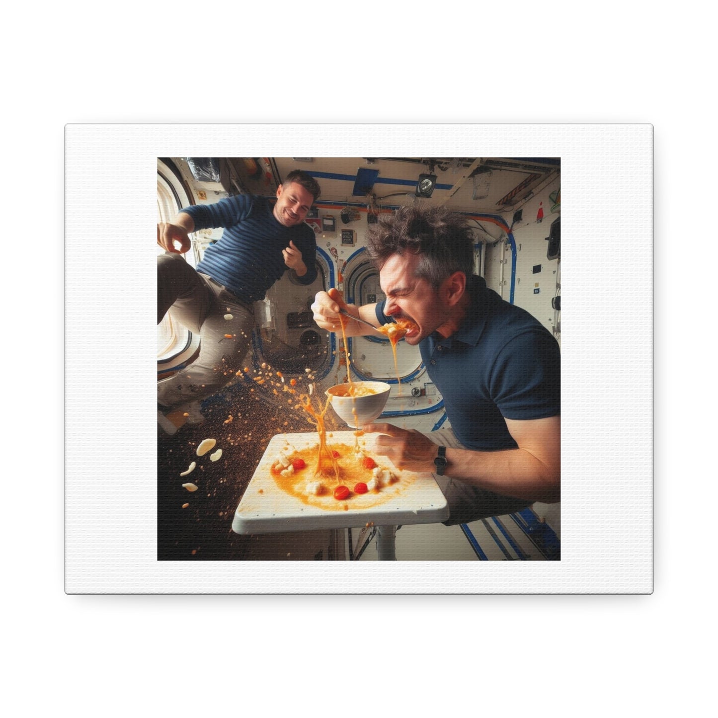 Astronauts Having Soup For Dinner on the International Space Station 'Designed by AI' Art Print on Canvas