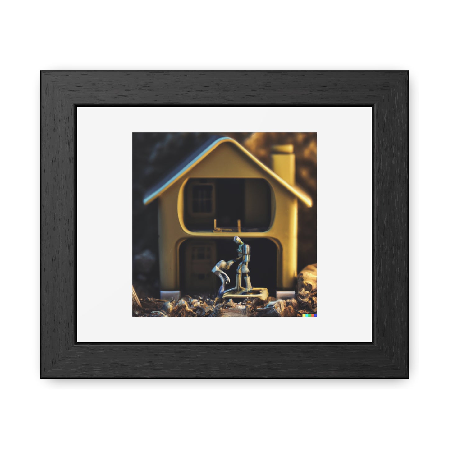 Macro 35mm Photograph Of Human And Robot Building A House 'Designed by AI' Wooden Framed Print