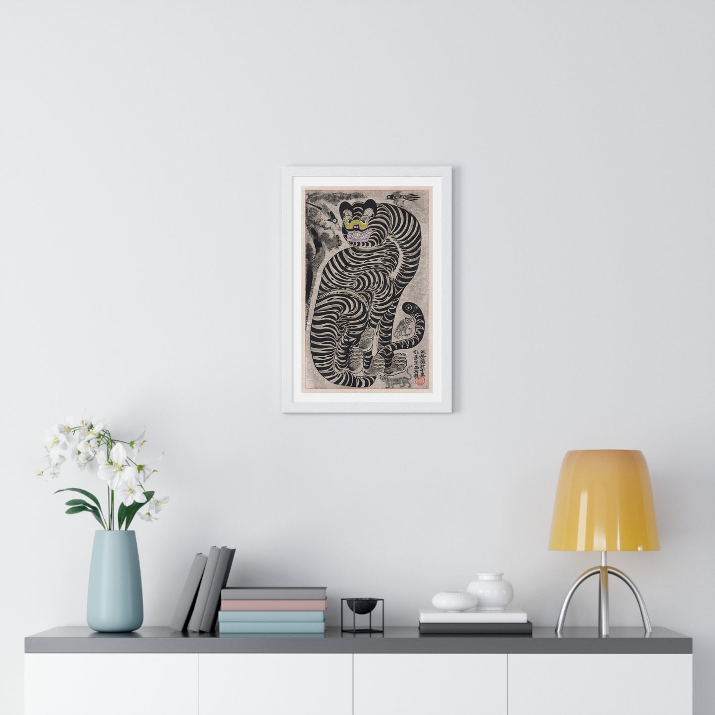 Talismanic Tiger (20th Century) Vintage Japanese Painting, from the Original, Framed Art Print