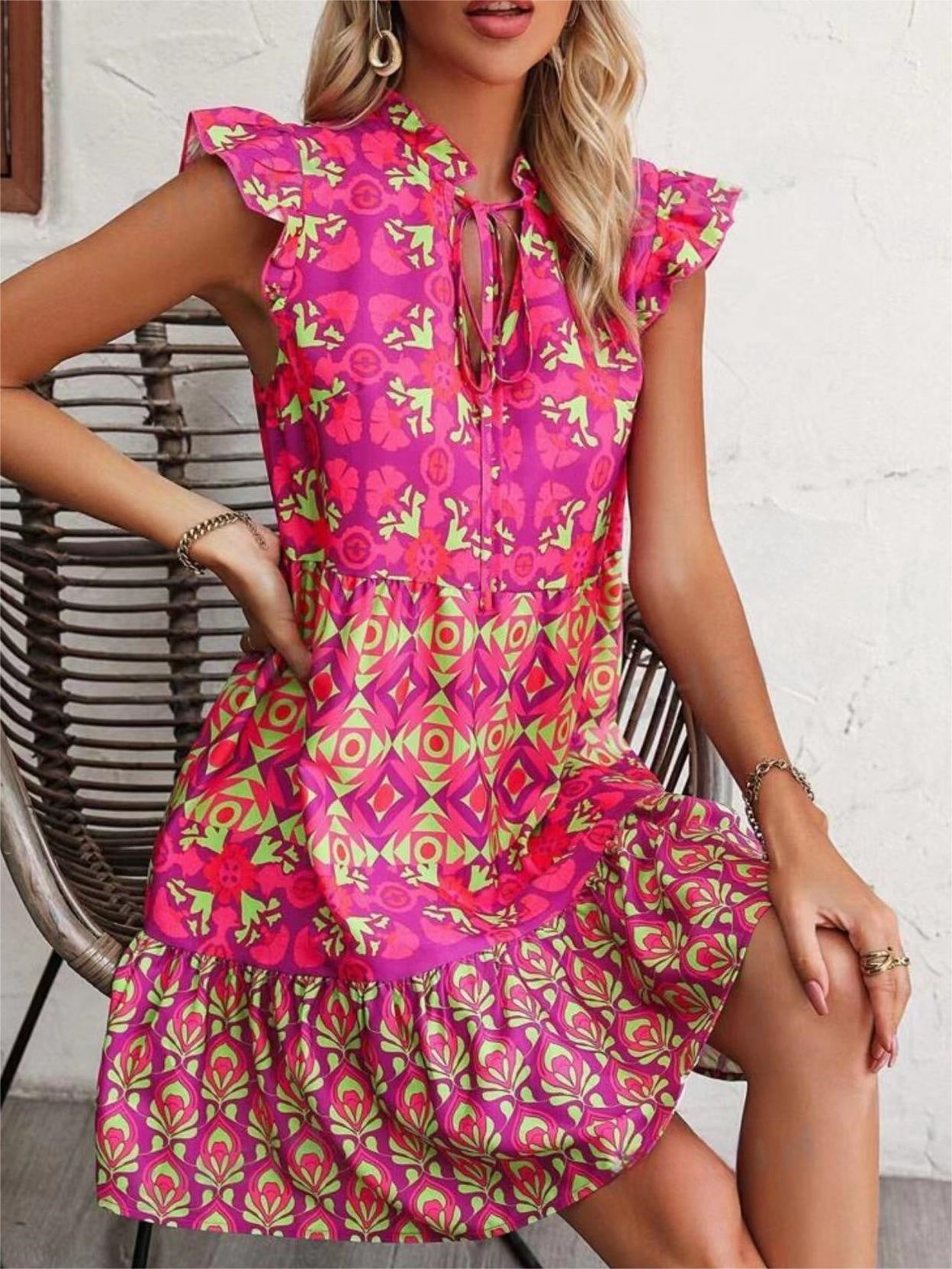 Vireous Pink Print Sleeveless Summer Sun Dress, Straight Tie-Up Dress