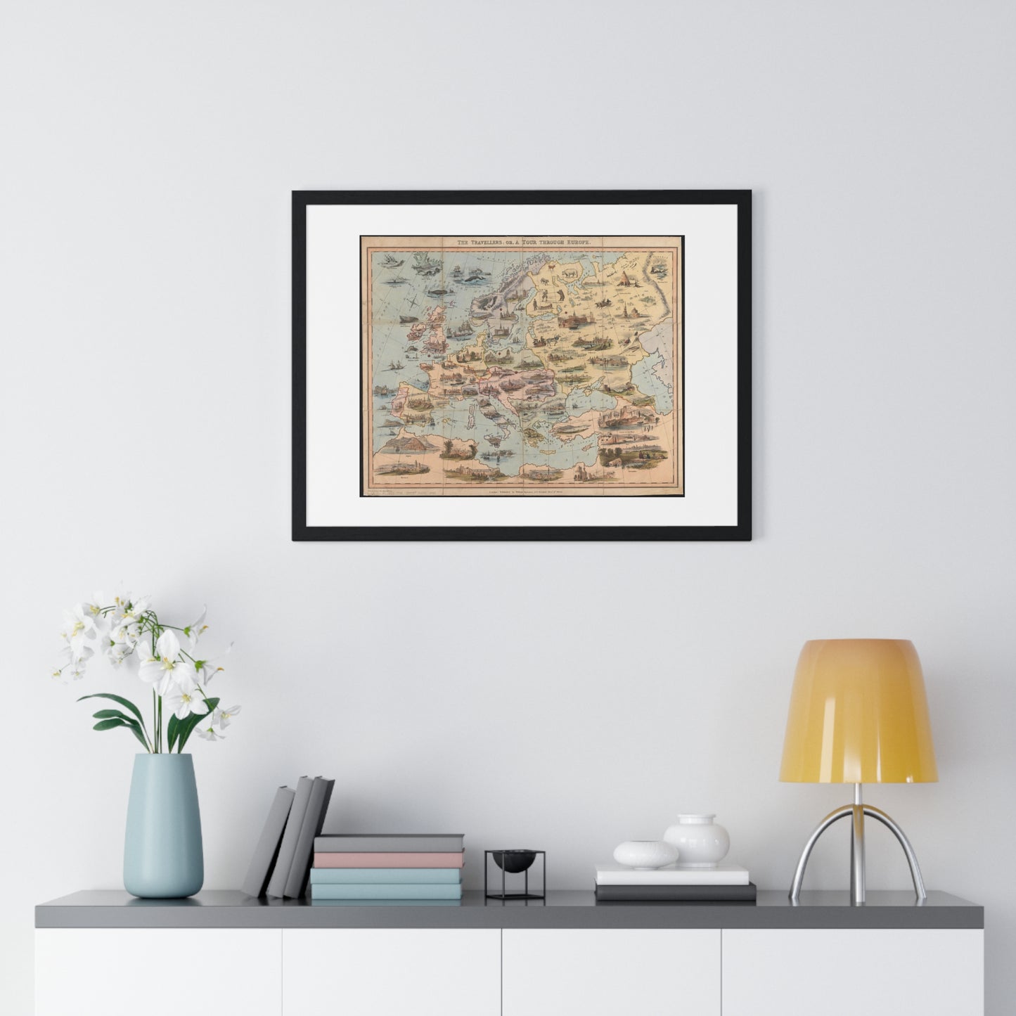 Map of the World 'The Travellers or a Tour Through Europe' (1842) by William Spooner, from the Original, Framed Art Print