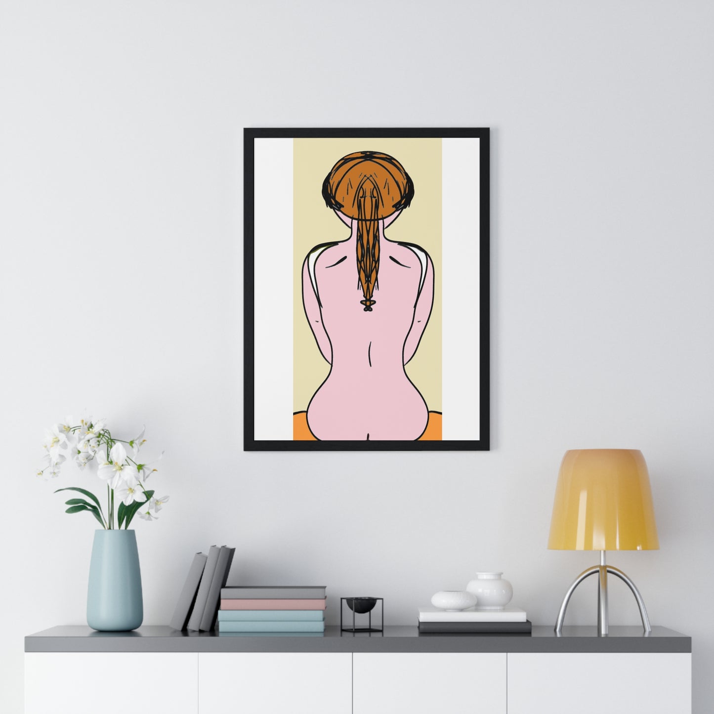 Woman From the Rear, Pencil Sketch 'Designed by AI', Framed Art Print