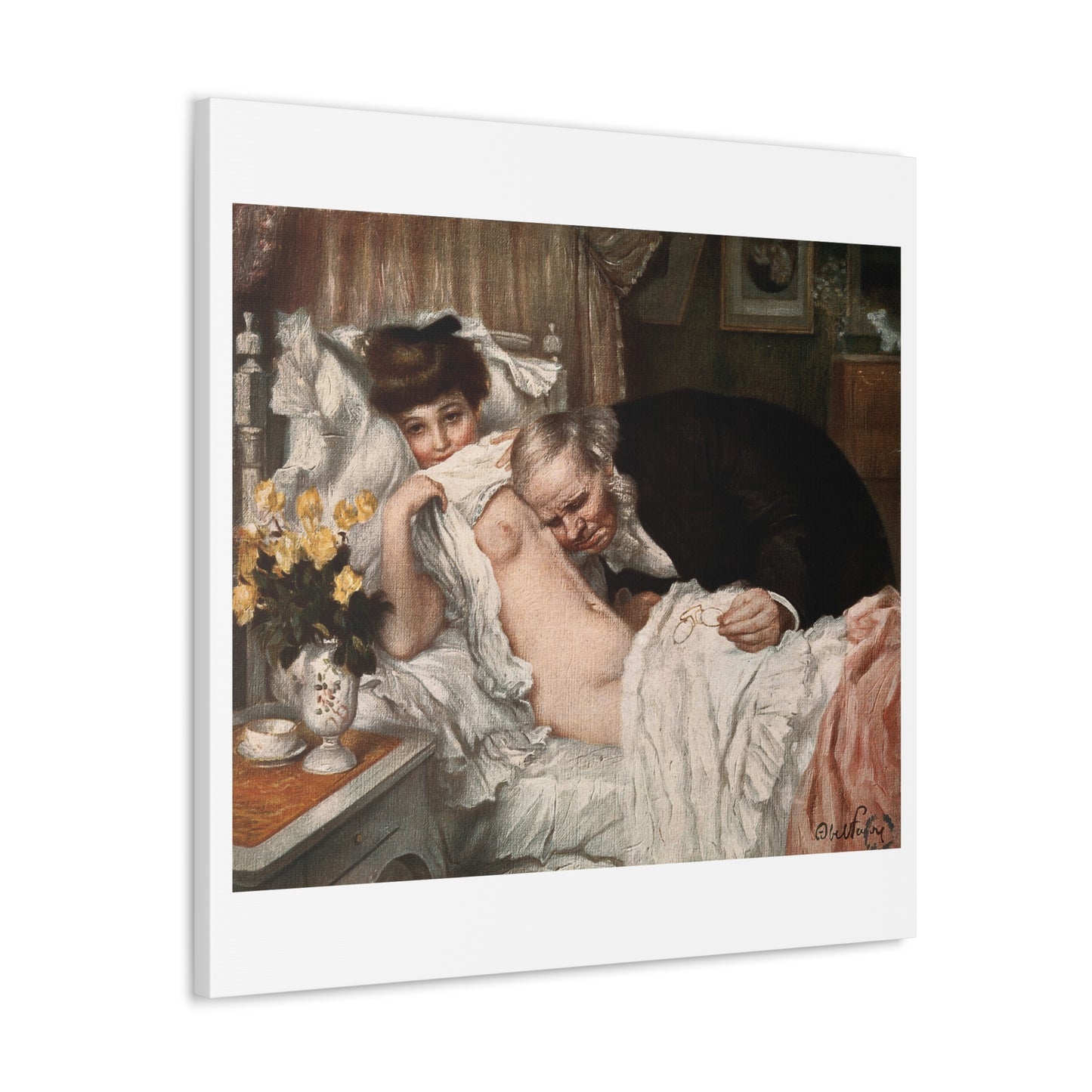 A Beautiful Young Woman Looks Away Coyly While an Aged Doctor Examines her Chest, from the Original, Art Print on Canvas