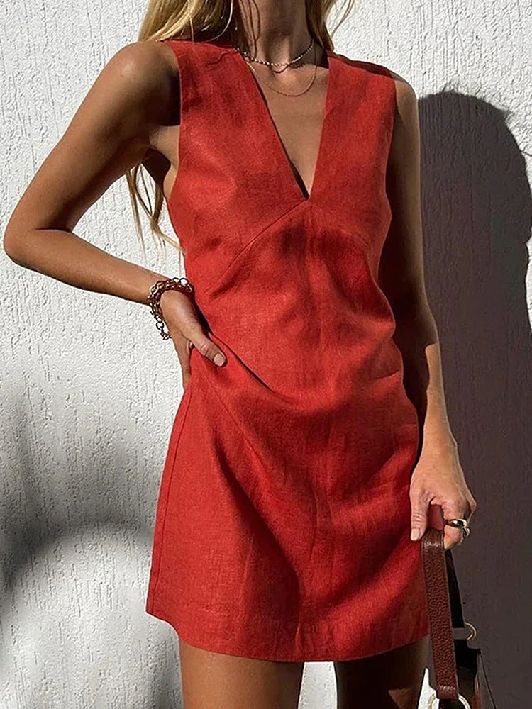 Vireous Summer Classic Cotton and Linen Sleeveless Mini Dress, Multi Colours