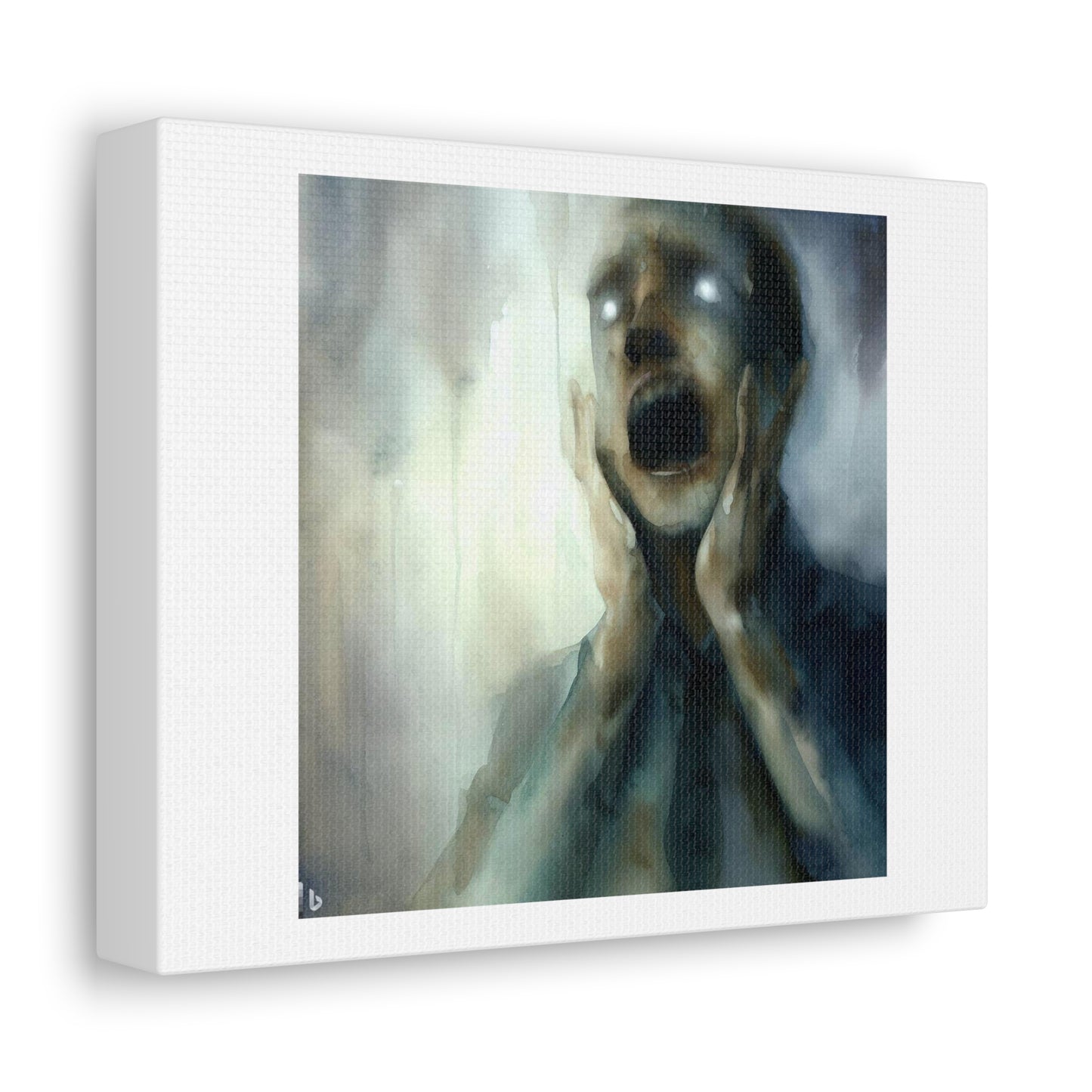 Terrified Man, No Hope, Rain Fog, Water Colour by Annick Dehon 'Designed by AI' Print on Satin Canvas