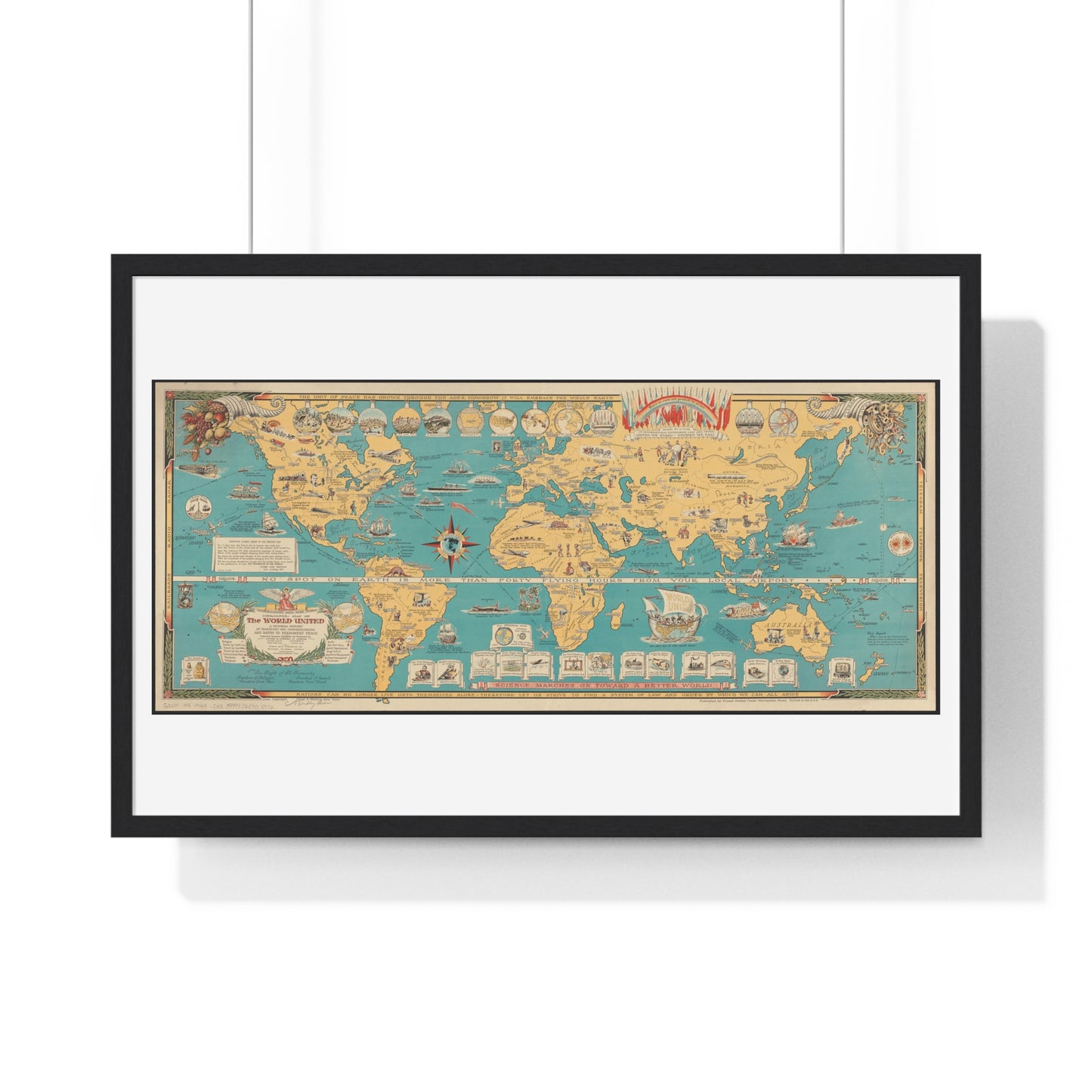 Mercator Map of the World United: A Pictorial History of Transport and Communications and Paths to Permanent Peace (1944), from the Original, Framed Art Print