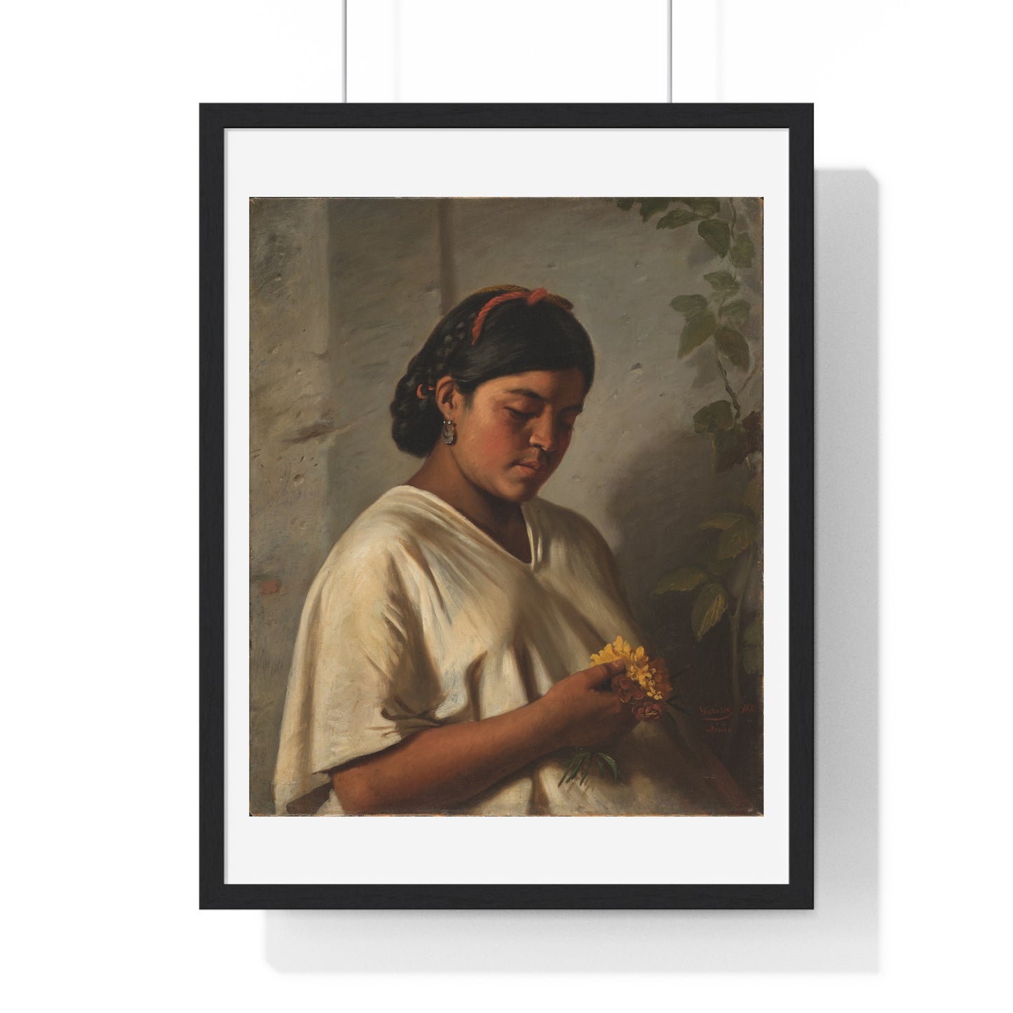 Indian Woman with Marigold 'Mujer Indígena con Cempasúchil' by Felipe Santiago Gutiérrez, from the Original, Framed Print