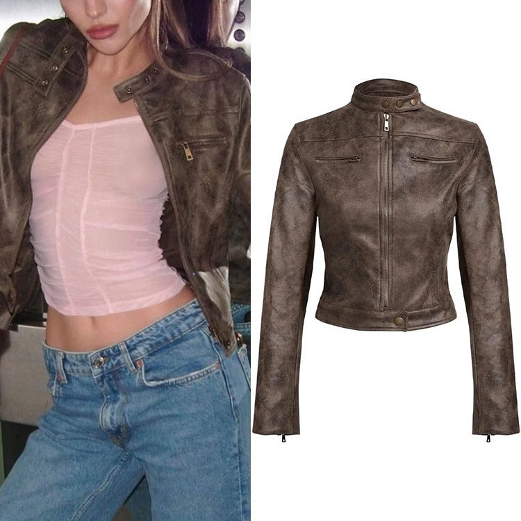 Maillard Motorcycle Hot Girl Vintage Distressed Leather Coat