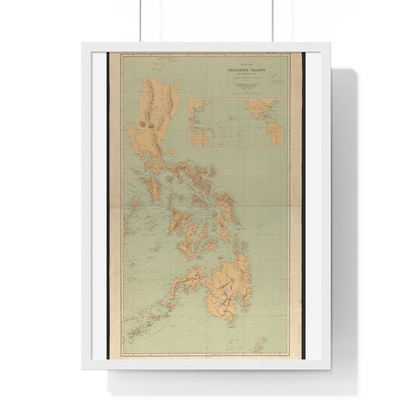 Vintage Map of Philippine Islands and Adjacent Seas from Material of the English and Batavian Governments (1898) from the Original, Framed Print