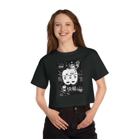 Psychedelic Poster Art With Chinese Lettering 'Fast Food' Women's Cropped T-Shirt