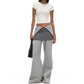 Women's Adjustable Waist, Grey Wide-Leg Striped Skirt Profile Long Casual Pants