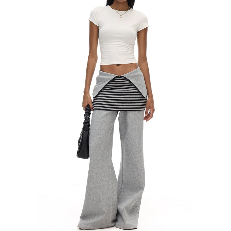 Women's Adjustable Waist, Grey Wide-Leg Striped Skirt Profile Long Casual Pants