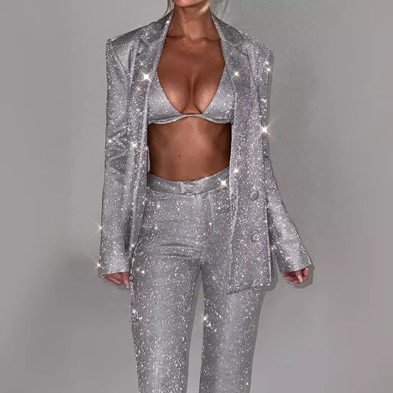 Three-Piece Sparkling Long-Sleeve Suit with Bra, Lapel Blazer, Straight-Leg Trousers