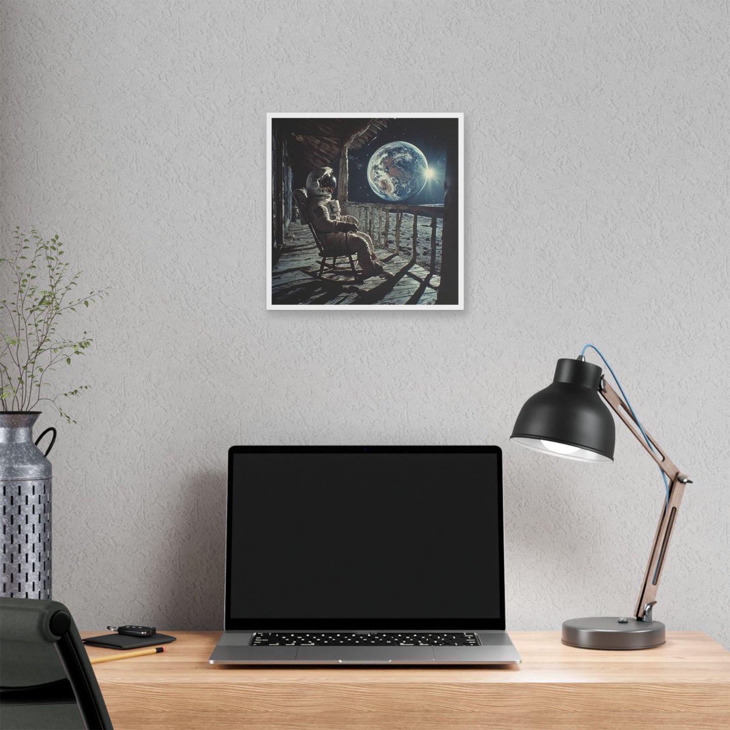 Astronaut on the Moon Sitting in a Rocking Chair on the Porch of a Farmhouse, Photorealism 'Designed by AI' Canvas Art Print