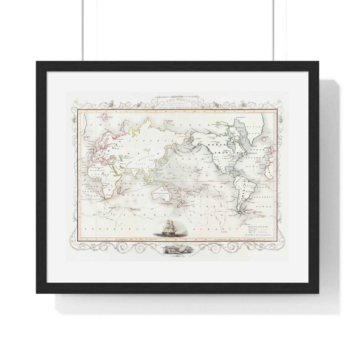 Vintage Map, the Voyages of Captain James Cook (1852) by James Cook, from the Original, Framed Print