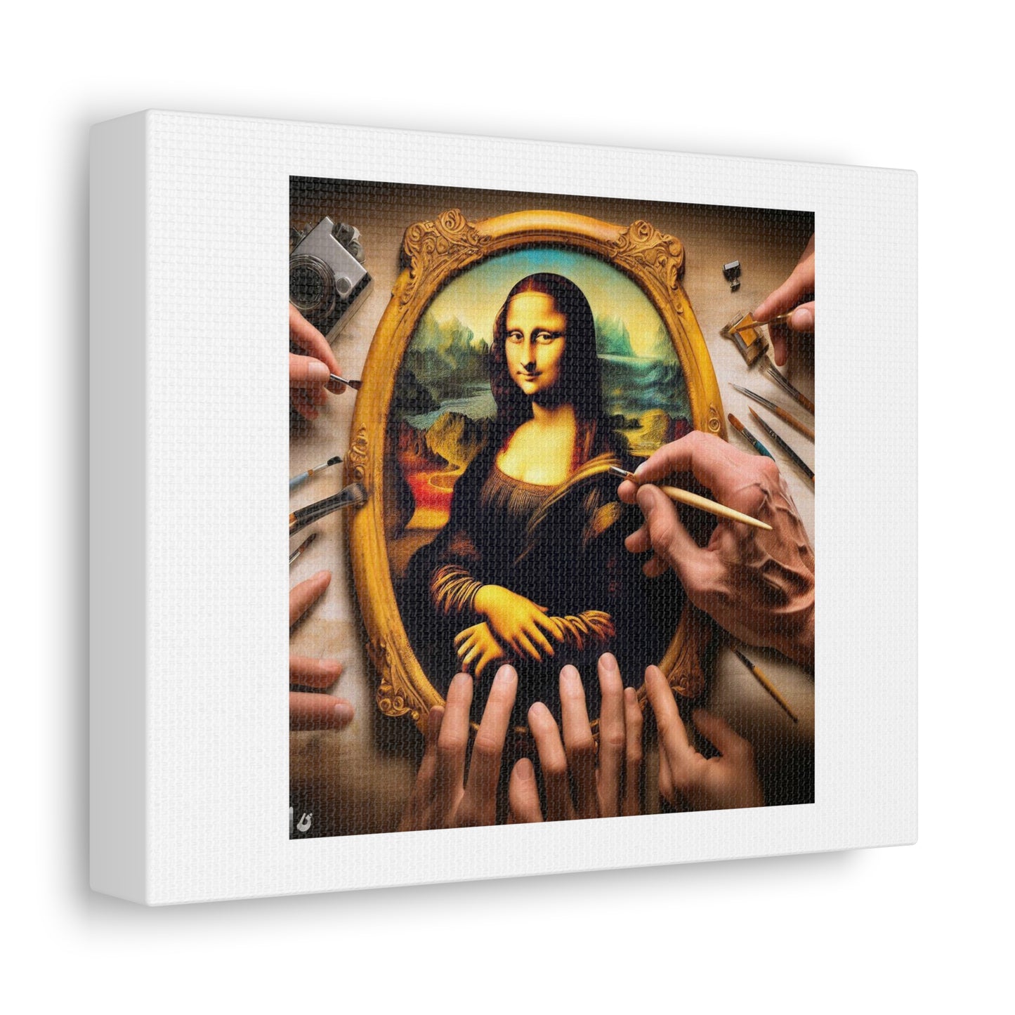 Hands of Michelangelo Working Genius to Paint the Mona Lisa Art Print ' Designed by AI' on Satin Canvas