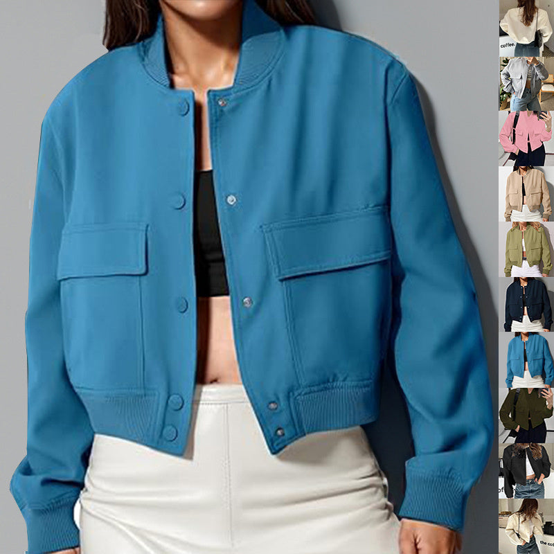 Women's Stand-Collar Fashion Bomber Jacket, Big Pockets