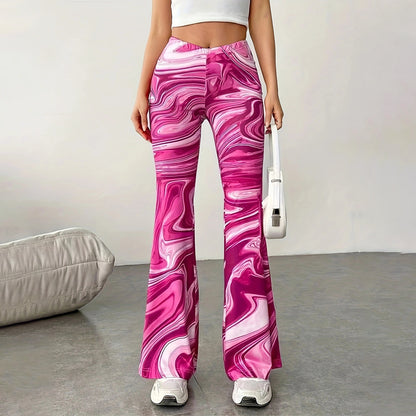 Women's Casual Wide-Leg Hot Pink Print Bootcut Pants