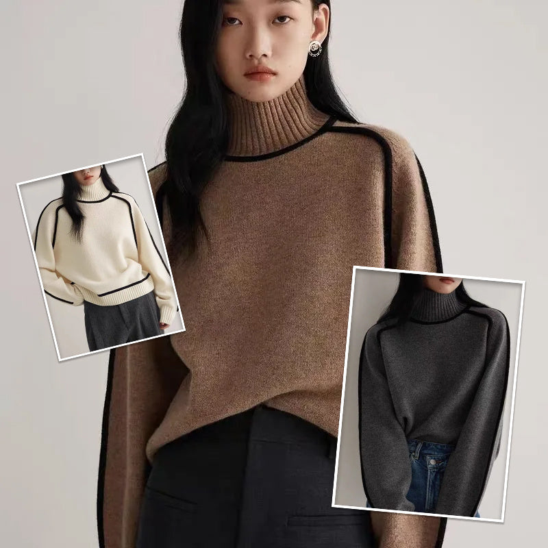 Half-Turtleneck Colour Contrast Women's Fashion Sweater