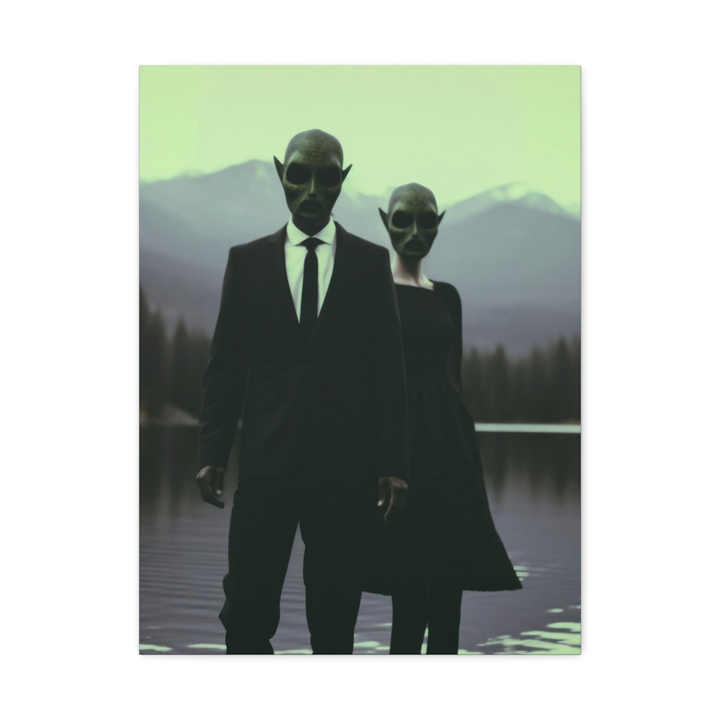 Couple Wearing Alien Mask, Sunglasses Photorealism in Silhouette 'Designed by AI' Art Print on Canvas