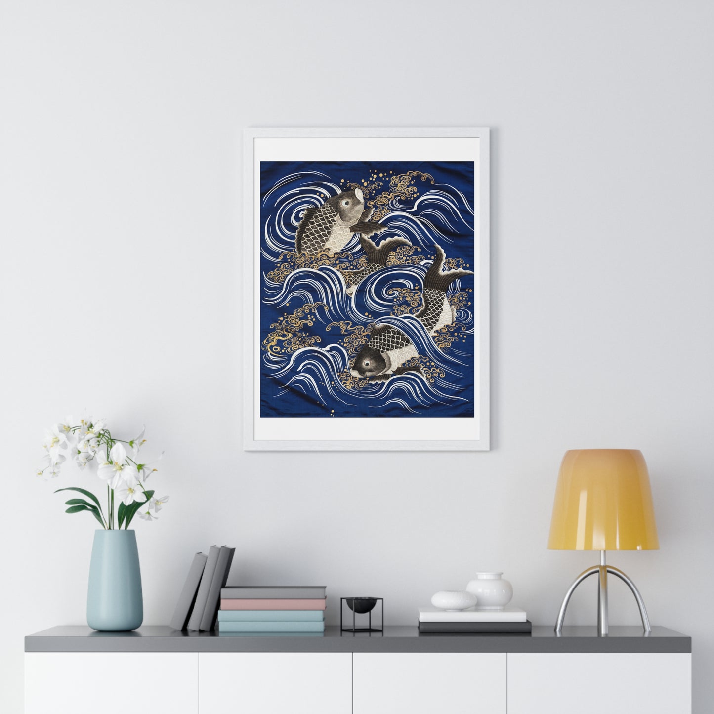 Gift Cover 'Fukusa' with Carp in Waves (Meij Period) from the Original, Framed Art Print