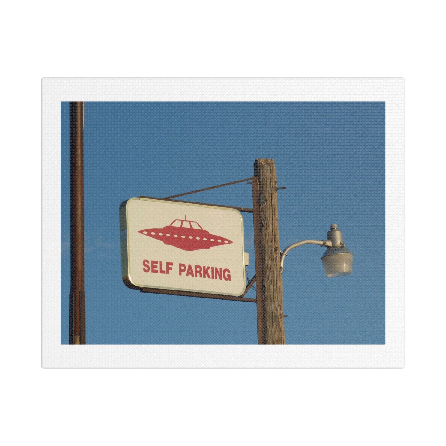 UFO Self Parking, Absurdist Decor Art, Print on Satin Canvas