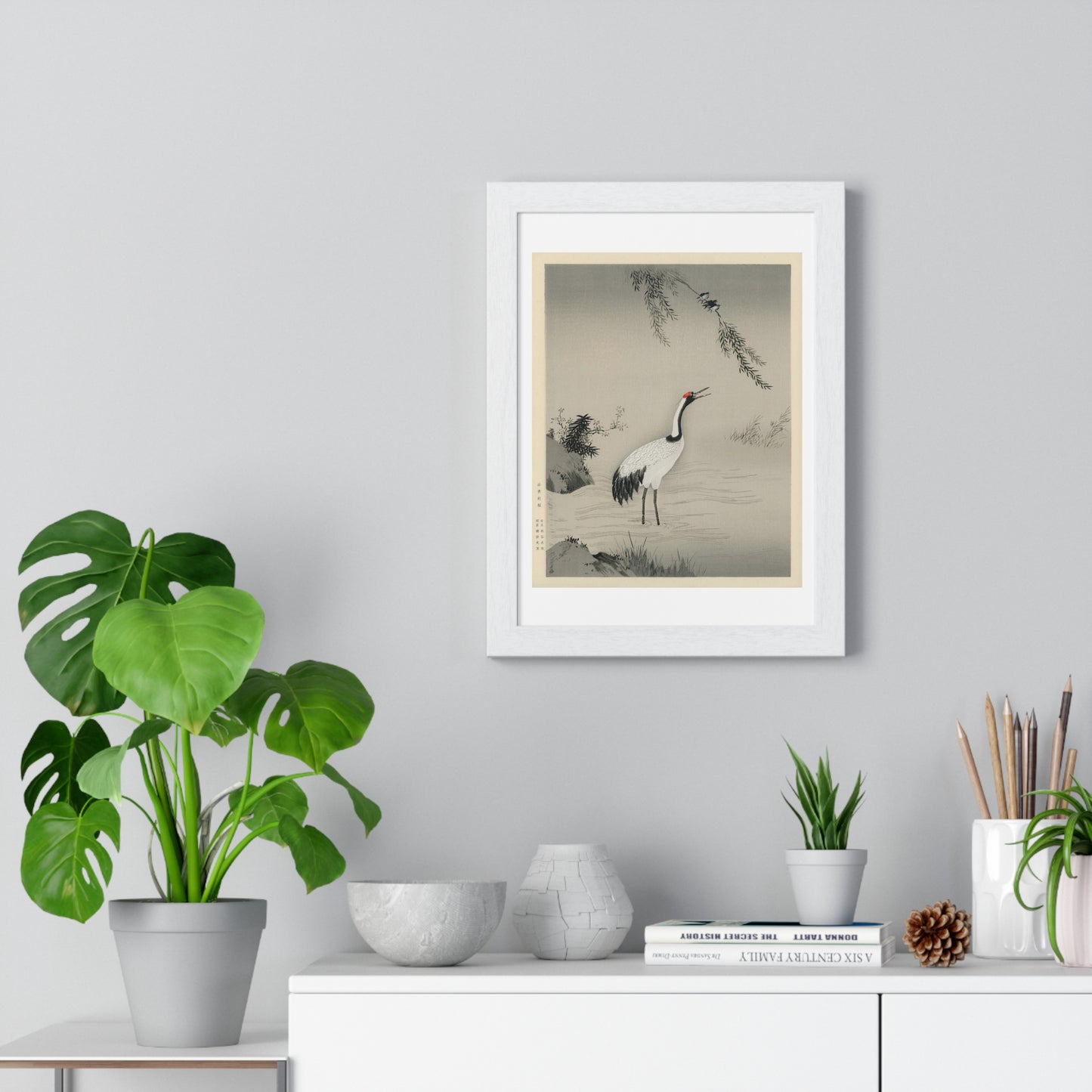 Traditional Portrait of a Beautiful Japanese Crane by Kano Motonobu (1476-1559) from the Original, Framed Print