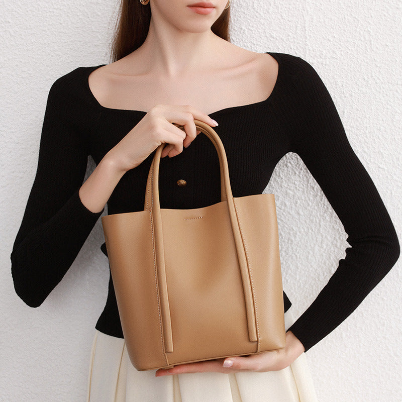 Genuine Cowhide Leather Minimalist Handbag, Detachable Inner Bag